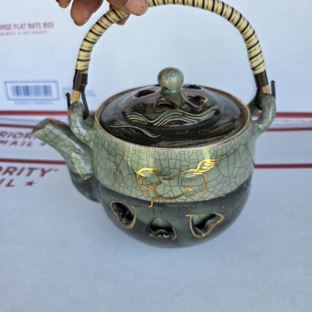 Otagiri Somaware Somayaki Gray-Green Crackle Heart Double Walled Teapot ~ Flaw - Picture 3 of 10